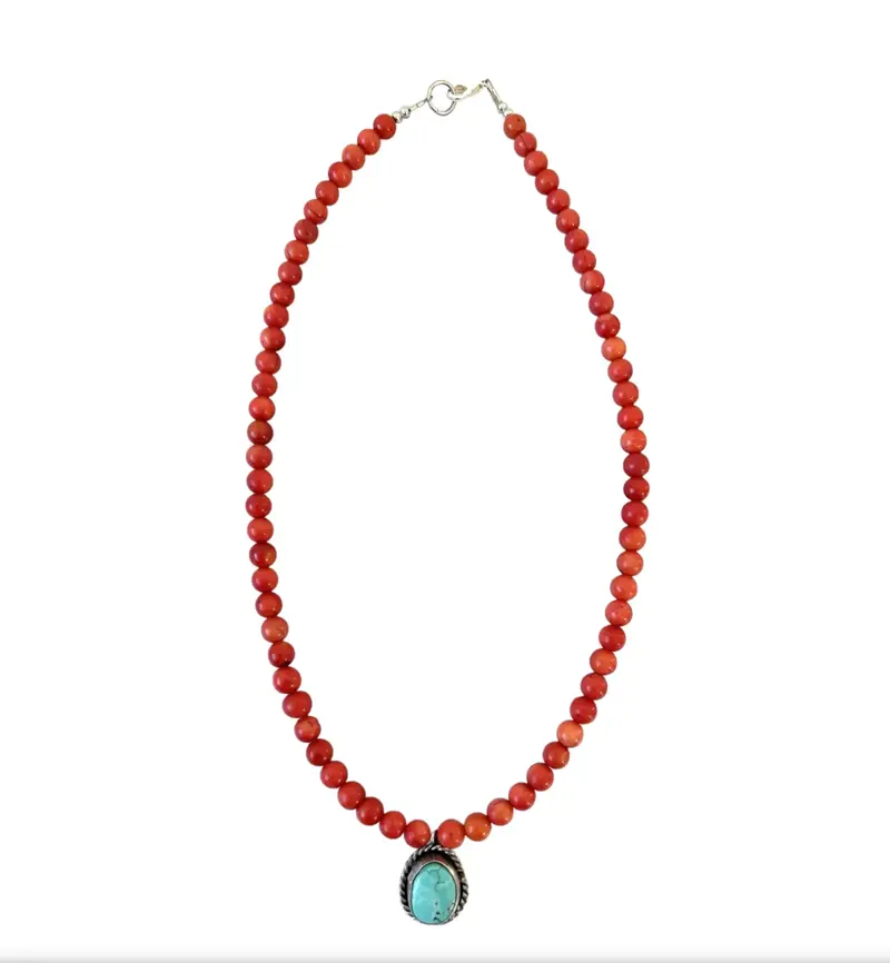 18" Coral Beaded Necklace With Sterling Silver And Turquoise Pendant - Designed By Matthew Izzo 1