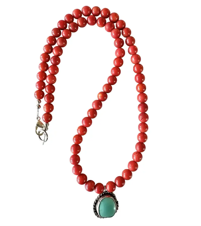 18" Coral Beaded Necklace With Sterling Silver Turquoise Pendant - Designed By Matthew Izzo 1