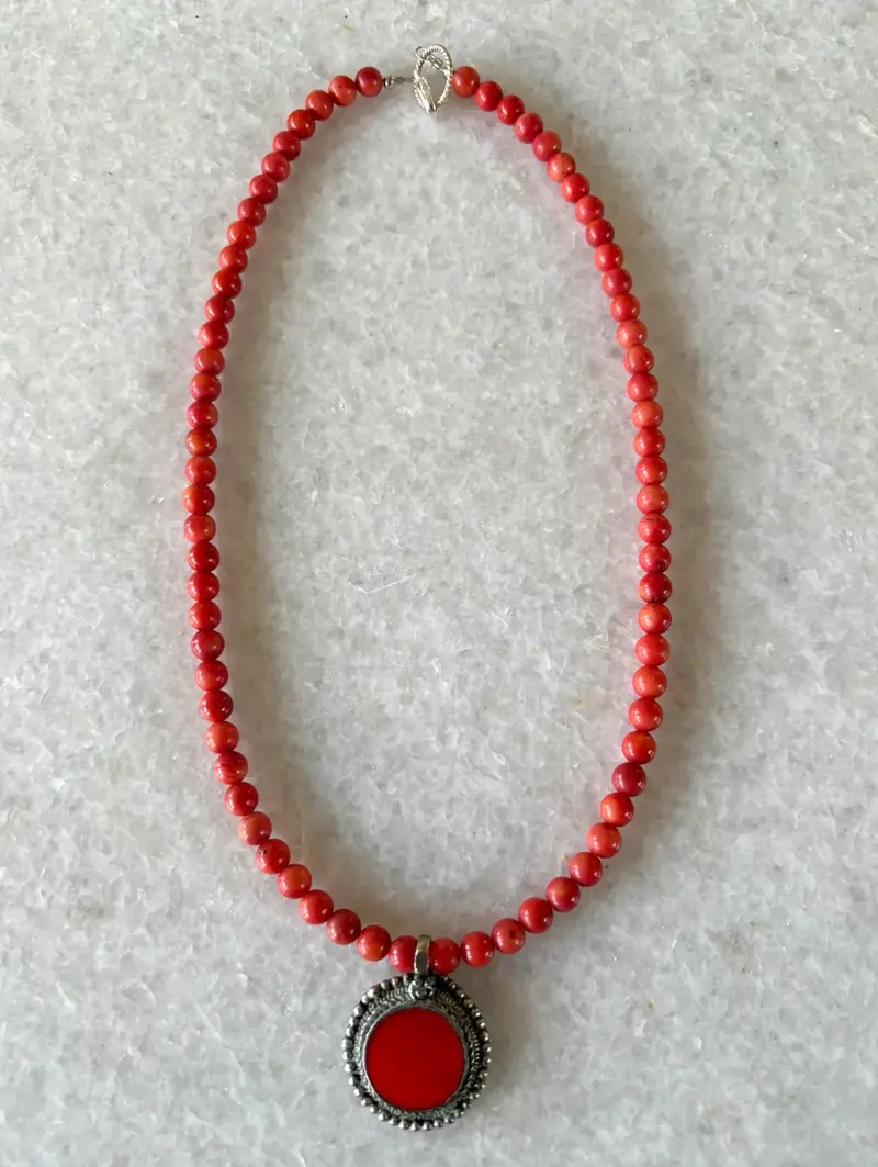 18" Coral Beaded Necklace With Vintage Pendant - Designed By Matthew Izzo 2
