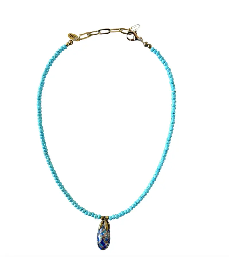 18" Turquoise Beaded Necklace With Vintage Hand Made Glass Chinese Pendant - Designed By Matthew Izzo 1