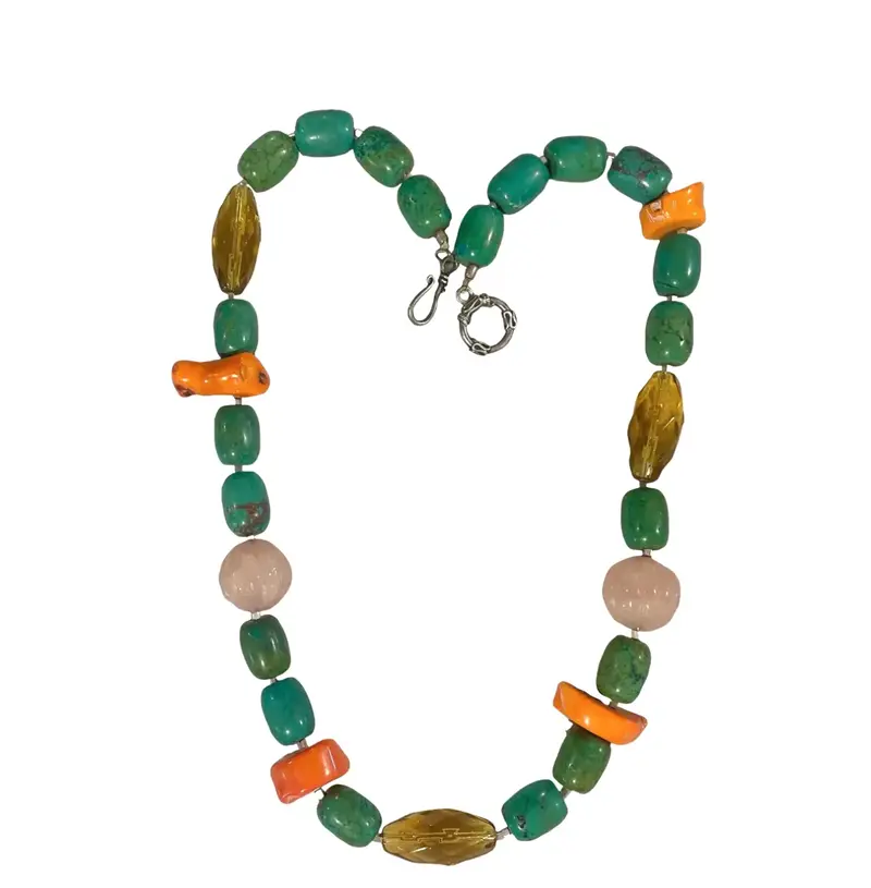 18" Turquoise, Branch Coral, And Rose Quartz Beaded Necklace With Silver Tone Clasp 1