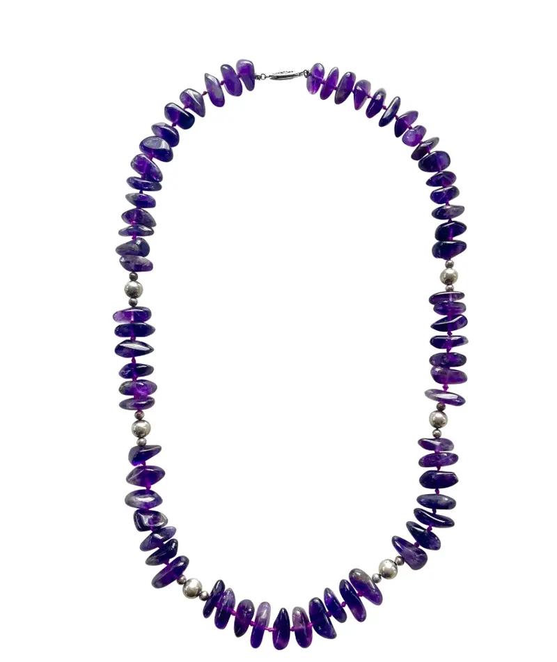 18" Vintage 1980S Amethyst And Sterling Silver Hand Knotted Beaded Necklace 1