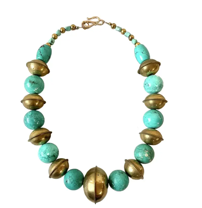 19.5" Turquoise And Vintage Brass Beaded Necklace With Gold Tone Hook Clasp - Designed By Matthew Izzo 1