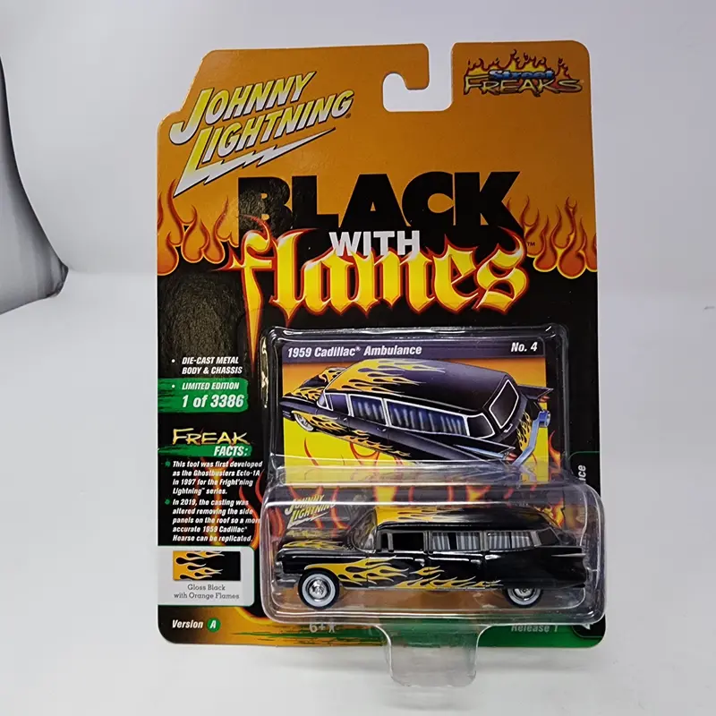 1959 Cadillac Ambulance * Johnny Lightning Black Flames 1