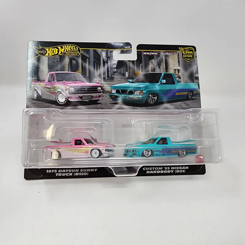 2-Pack * 1975 Datsun Sunny Truck B120 & '93 Nissan Hardbody D21 * 2024 Hot Wheels 1:64 Scale Case P 1