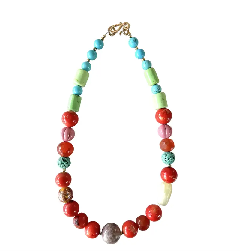 20" Mixed Gem Stone Beaded Necklace With Coral, Turquoise, Jade, And Vintage Boho Glass - Designed By Matthew Izzo 1