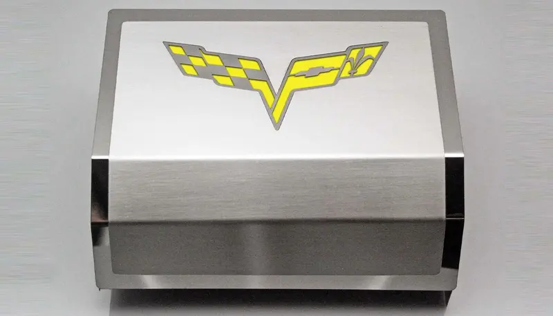 2005-2013 C6 Corvette - Deluxe Fuse Box Cover W/Crossed Flags Emblem | Stainless Steel, Choose Color 1