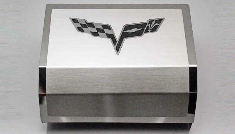 2005-2013 C6 Corvette - Deluxe Fuse Box Cover W/Crossed Flags Emblem | Stainless Steel, Choose Color 3