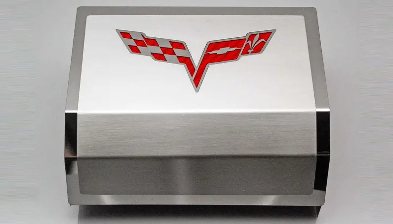 2005-2013 C6 Corvette - Deluxe Fuse Box Cover W/Crossed Flags Emblem | Stainless Steel, Choose Color 6