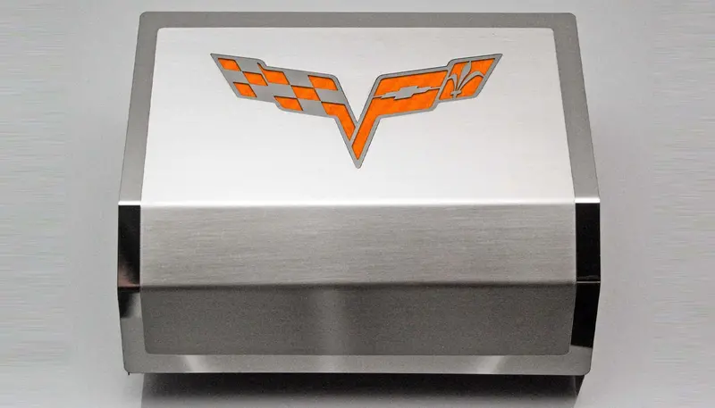 2005-2013 C6 Corvette - Deluxe Fuse Box Cover W/Crossed Flags Emblem | Stainless Steel, Choose Color 8