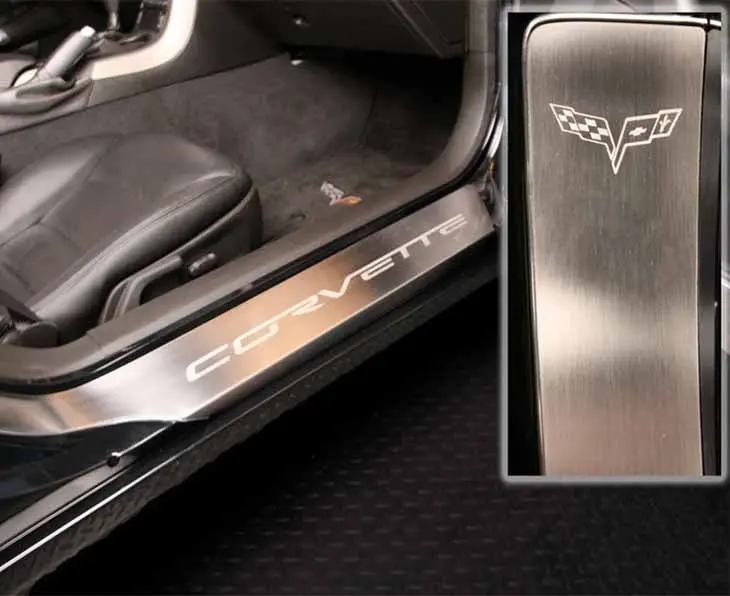 2005-2013 C6 -'Corvette' Laser Etched Full Length Outer Door Sills 2Pc | Stainless Steel, Choose Finish 2