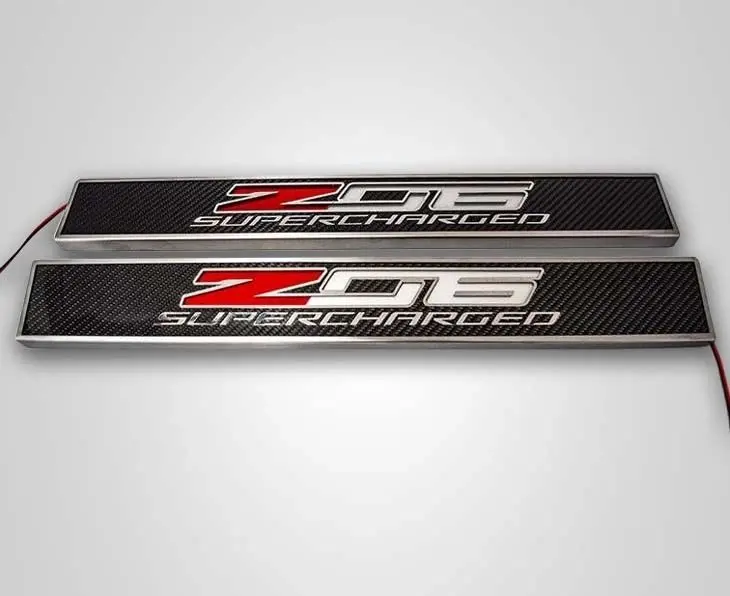 2014-2019 C7 Corvette - Light Up Z06 Supercharged Replacement Door Sills 2Pc| Carbon Fiber W/Stainless Trim 1