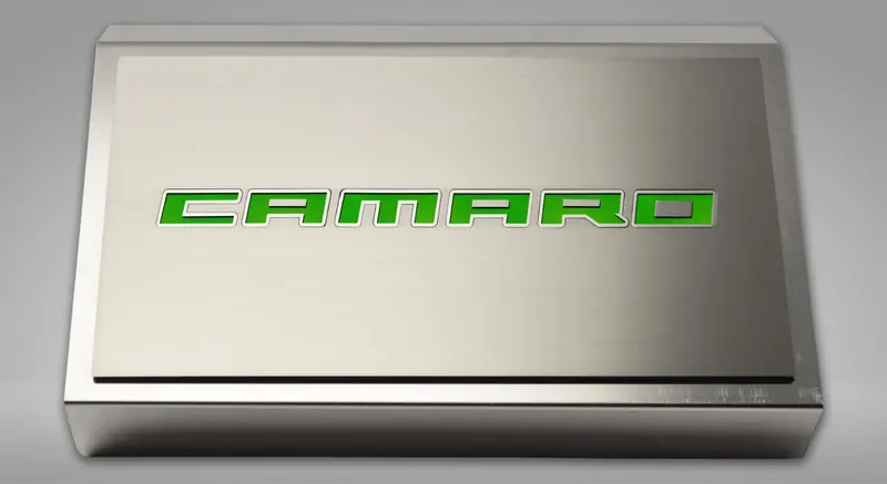 2016-2021 Camaro - Fuse Box Cover Polished W/Brushed Camaro Top Plate 1