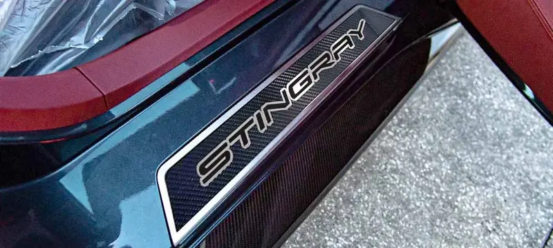 2020-2026 C8 Corvette - Replacement Door Sills Carbon Fiber With Brushed Stainless Steel 'Stingray' Style Insert Carbon Fiber | Choose Vinyl Inlay Color 1