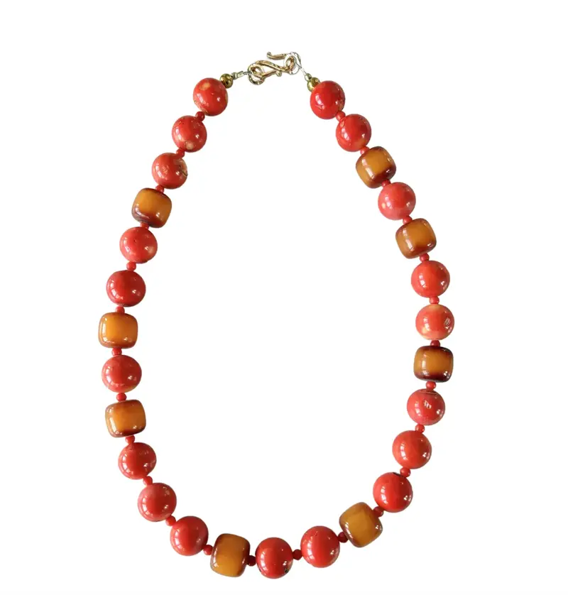22.5" Coral Beaded Necklace With African Synthe Amber Accents And Gold Tone Hook Clasp - Designed By Matthew Izzo 1