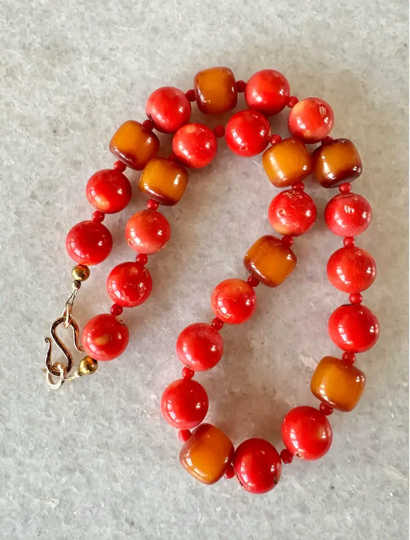 22.5" Coral Beaded Necklace With African Synthe Amber Accents And Gold Tone Hook Clasp - Designed By Matthew Izzo 2