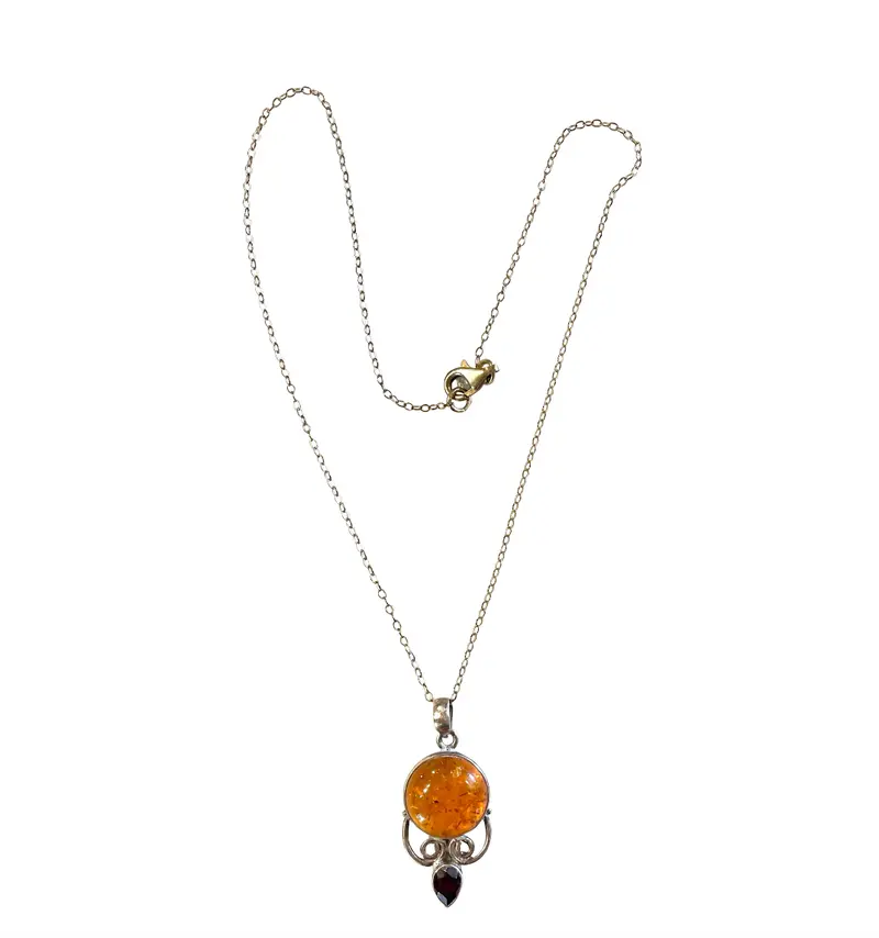 22" Vintage 1980S Sterling Silver & Amber Pendant Necklace 1
