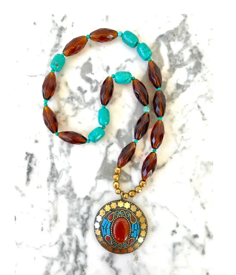 24" Turquoise And Faceted Amber Glass Beaded Necklace With Vintage Brass Pendant - Designed By Matthew Izzo 2