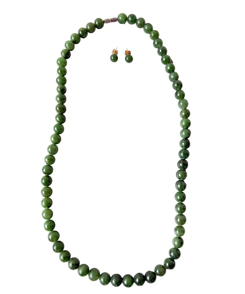 25" Beaded Jade Necklace And Stud Earrings Set 1