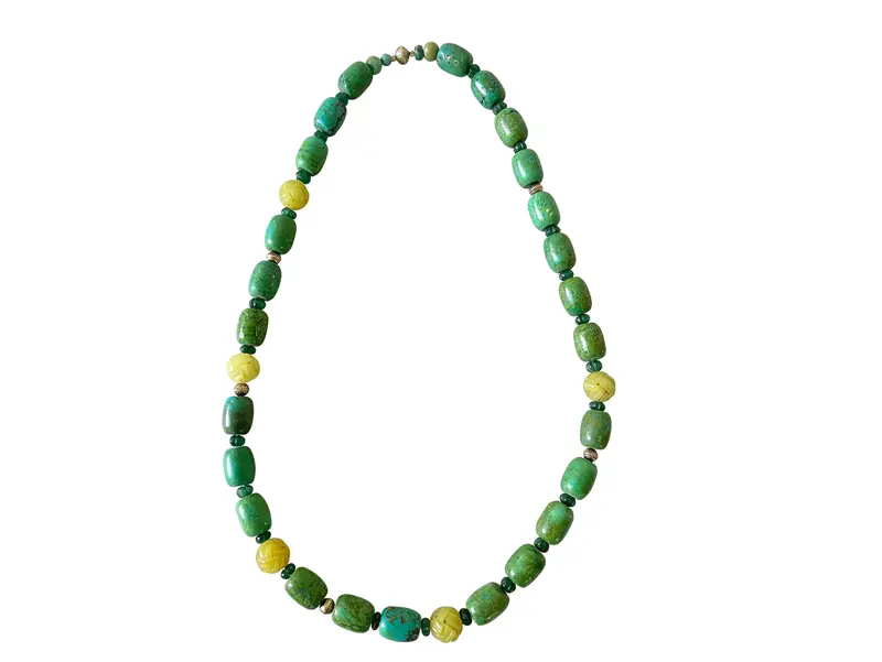 25" Vintage Turquoise, Emerald, And Yellow Jade Beaded Necklace 1