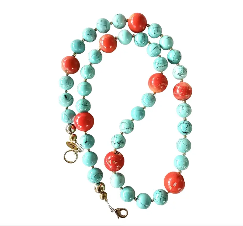 27" Turquoise And Coral Necklace With Gold Tone Clasp 1