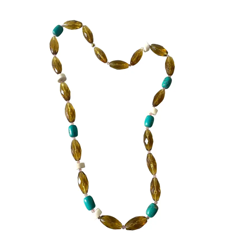 32" Turquoise, White Branch Coral, And Amber Glass Beaded Necklace With Rose Quartz Spacers - Designed By Matthew Izzo 1