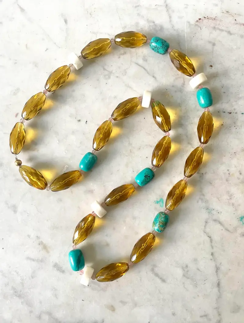 32" Turquoise, White Branch Coral, And Amber Glass Beaded Necklace With Rose Quartz Spacers - Designed By Matthew Izzo 2