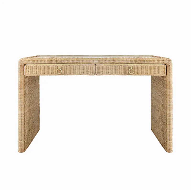 Adrien Rattan And Glass Top, Waterfall Edge, Two Drawer Desk With Satin Brass Hardware 1
