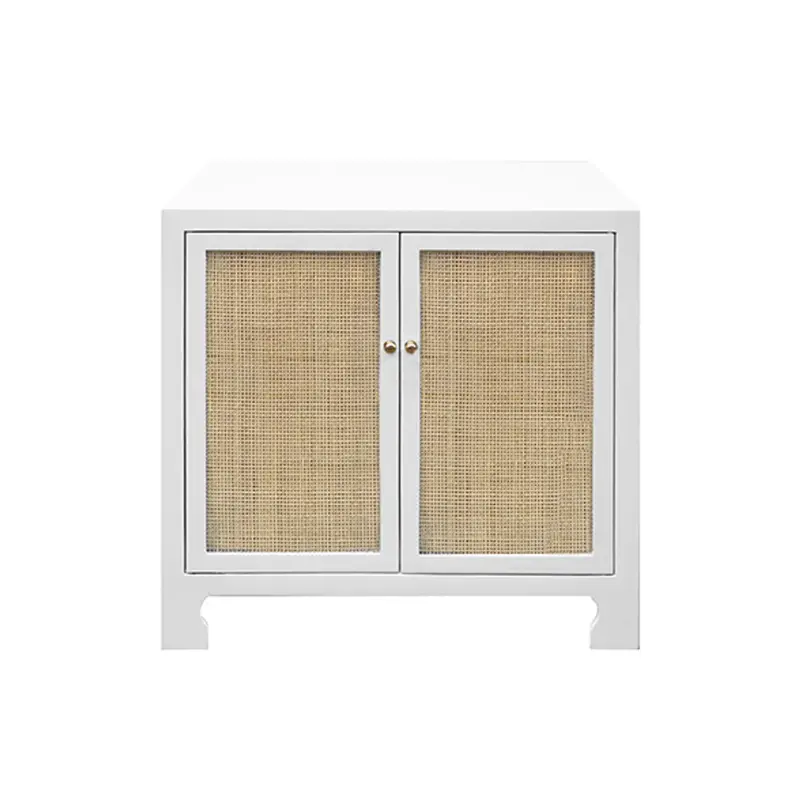 Alden Two Door Cabinet - Matte White Lacquer, Cane, & Brass Knobs 1