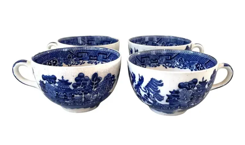 Antique Blue Willow Tea Cups - Set Of 4, English 1