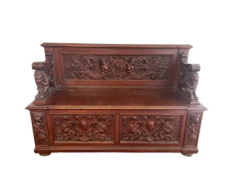 Antique Carved Mahogany And Oak Empire Bench 1