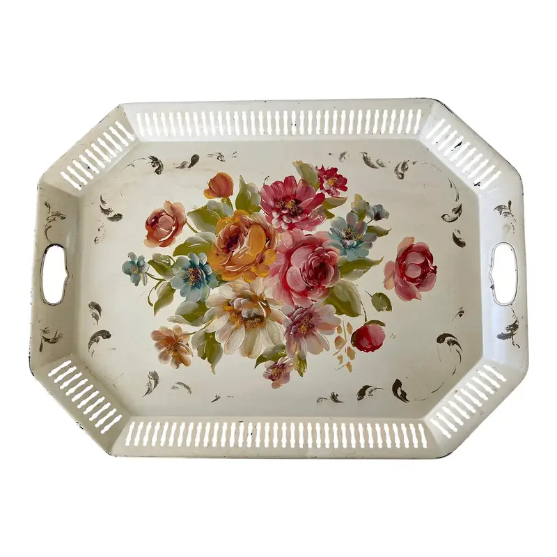 Antique Hand Painted Floral Metal Tray 1