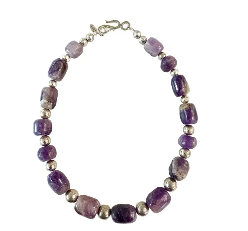Antique Re-Strung Hand Carved Pre-Columbian Amethyst Bead And Silver Spacers Necklace 1