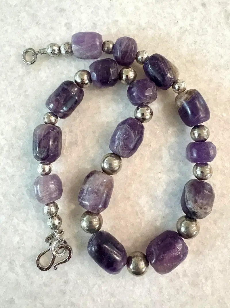 Antique Re-Strung Hand Carved Pre-Columbian Amethyst Bead And Silver Spacers Necklace 2