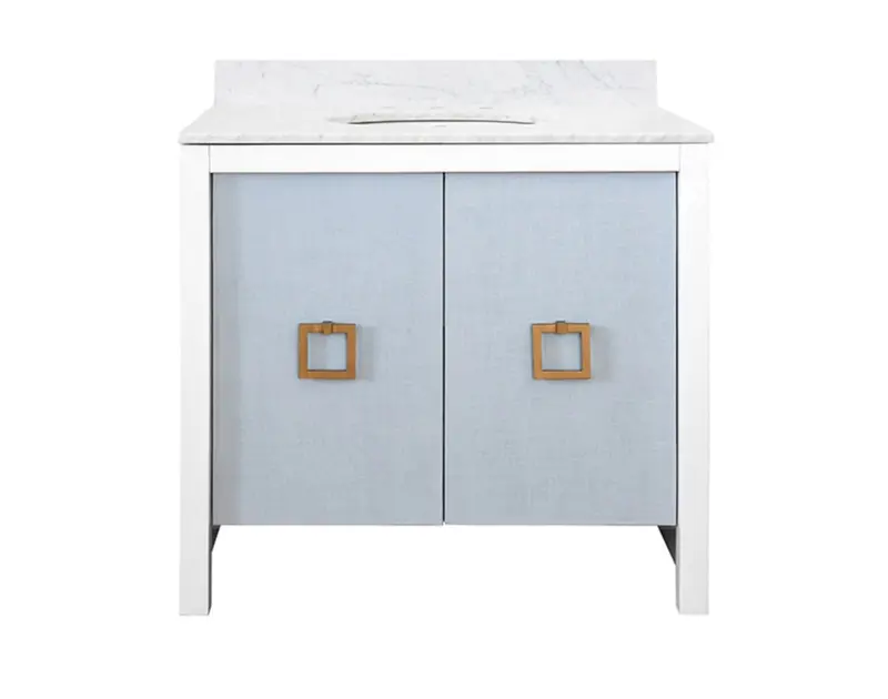 April Single Sink Bath Vanity - Light Blue Linen With Matte White Lacquer And Antique Brass Hardware 1