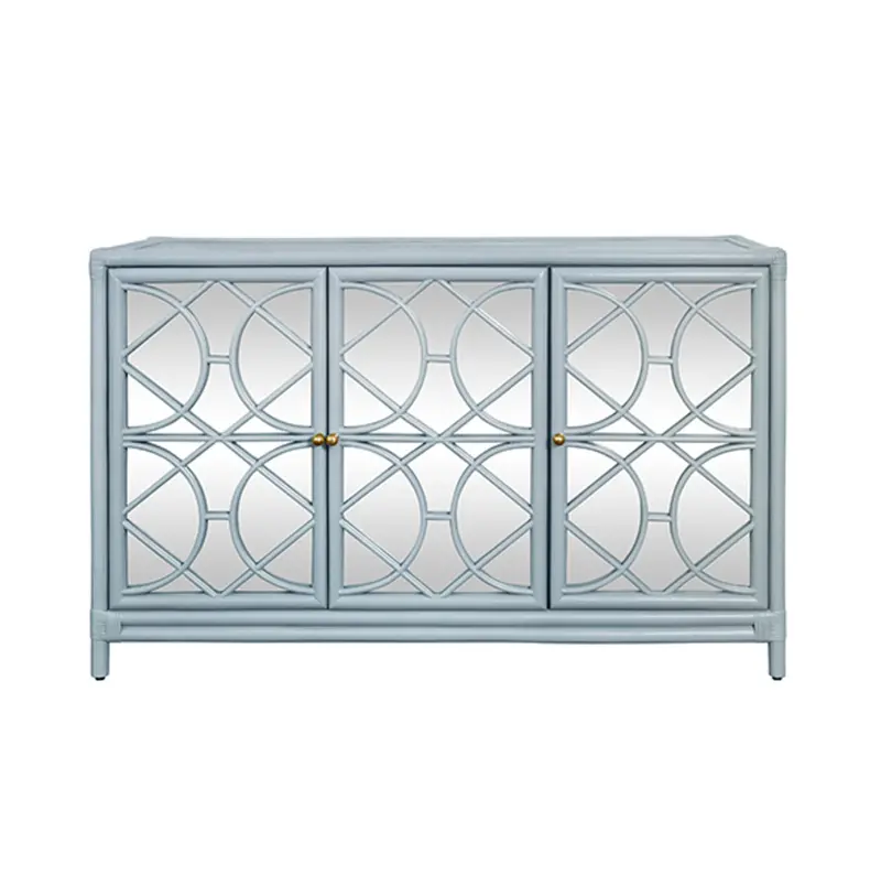 Aria Light Blue Rattan Three Door Buffet Cabinet With Mirror Front Doors And Adjustable Shelves 1
