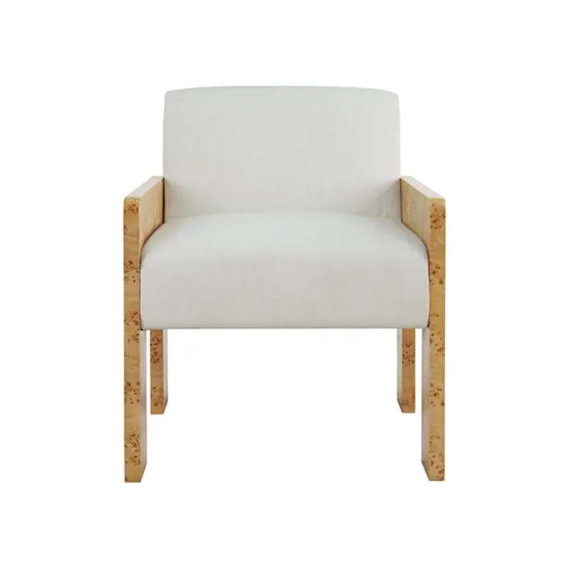 Astor Light Burlwood Square Arm Accent Chair With White Performance Linen Upholstery 1