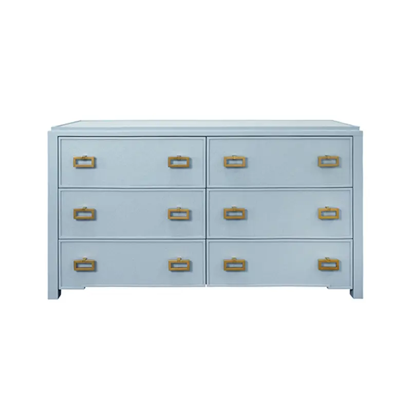 Atticus Light Blue Grasscloth And Matte Lacquer Six Drawer Chest With Satin Brass Drawer Pulls 1