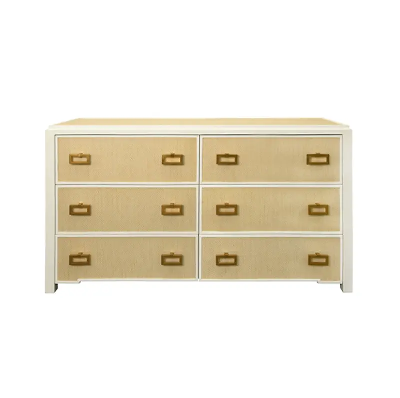 Atticus Natural Grasscloth And Matte White Lacquer Six Drawer Chest With Satin Brass Drawer Pulls 1