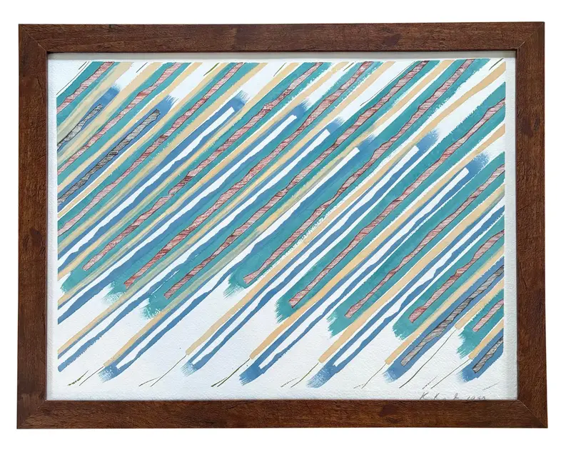 Barbara Beck 1990 Framed Abstract Painting On Paper In Dark Wood Frame 1