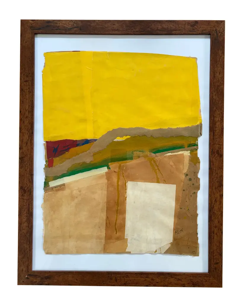 Barbara Beck Framed 1965 Mid Century Modern Paper Collage In Dark Wood Frame 1