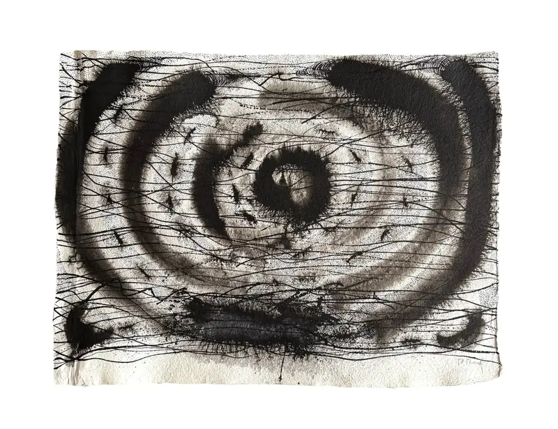 Barbara Beck Mid Century Modern Abstract Black Acrylic Painting On Paper 1
