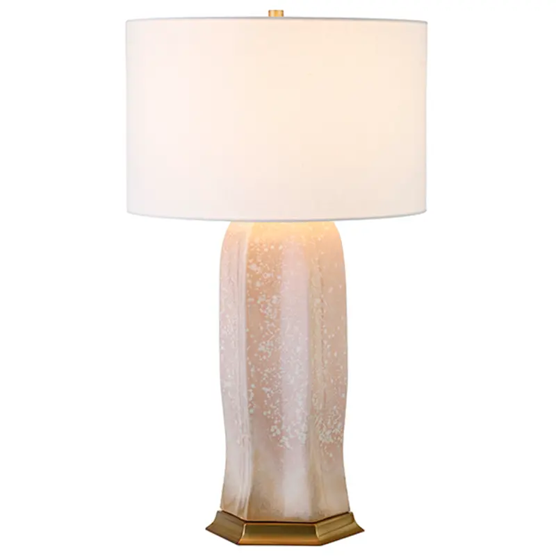Barron Blush Reactive Glaze Ceramic Table Lamp With Brass Accents And White Linen Shade 1