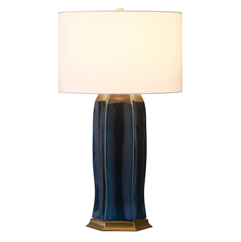 Barron Navy Gloss Glaze Ceramic Table Lamp With Satin Brass Accents And White Linen Shade 1