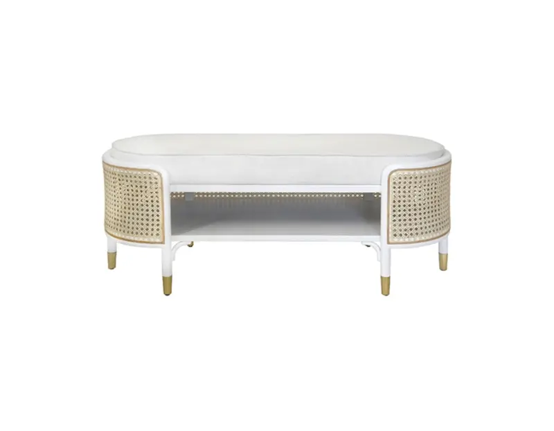 Beale White Wood Storage Bench W/Caned Sides & White Linen Cushion 1
