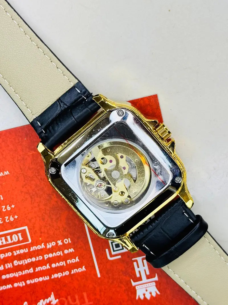 Black Gold White Tank Automatic Skeleton Watch 4