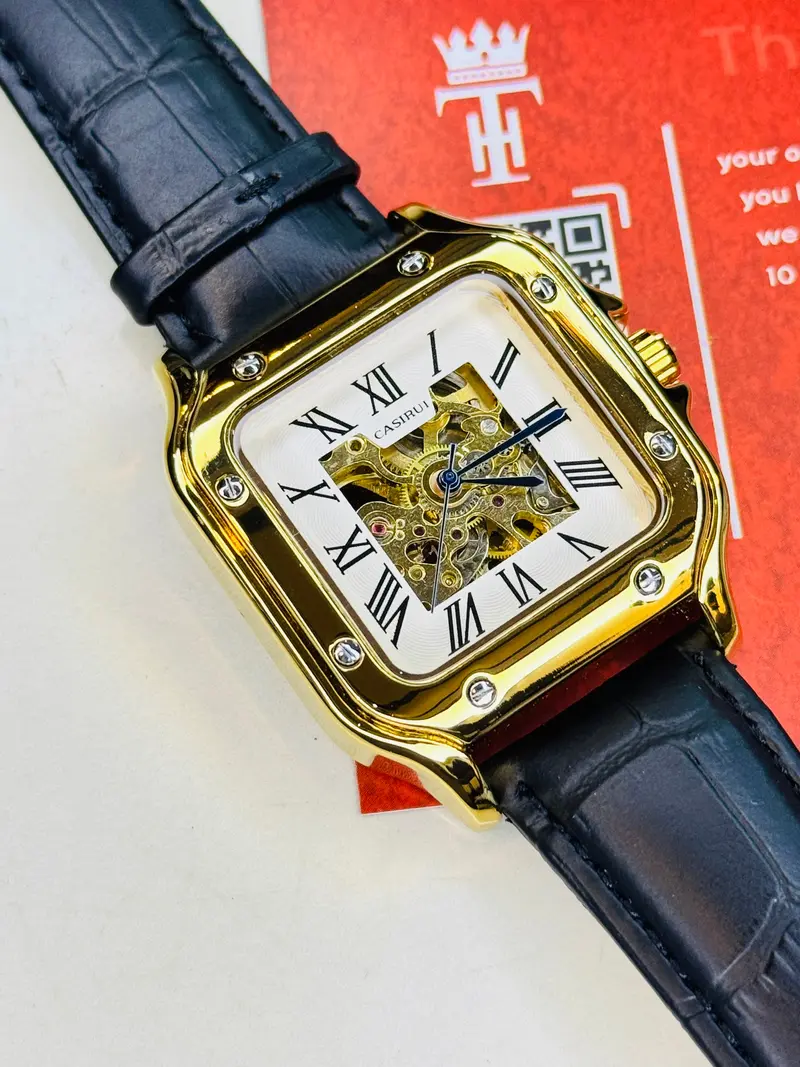 Black Gold White Tank Automatic Skeleton Watch 5