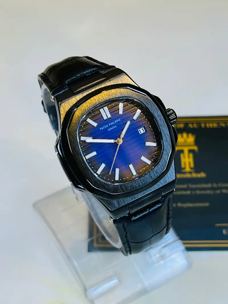 Black Leather Black Sapphire Dial Nautilus Watch 1