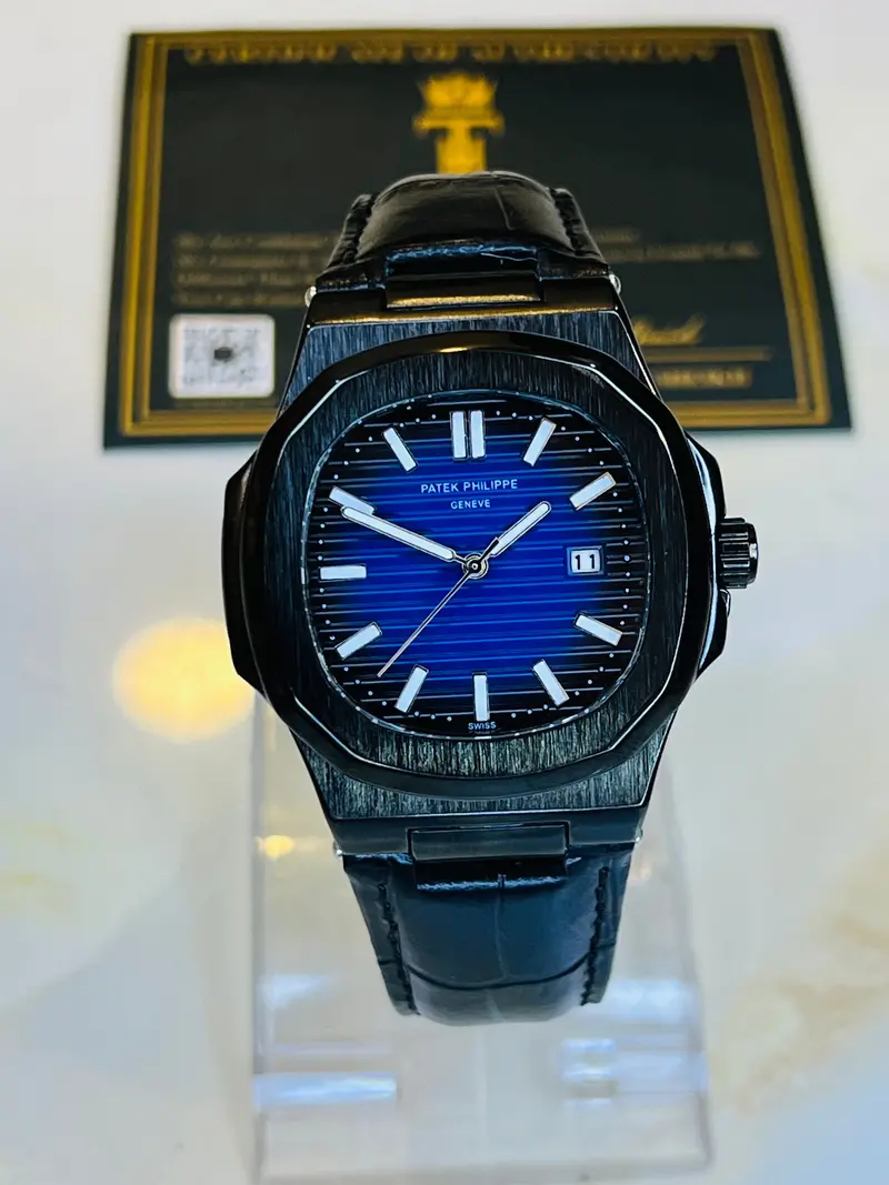 Black Leather Black Sapphire Dial Nautilus Watch 2
