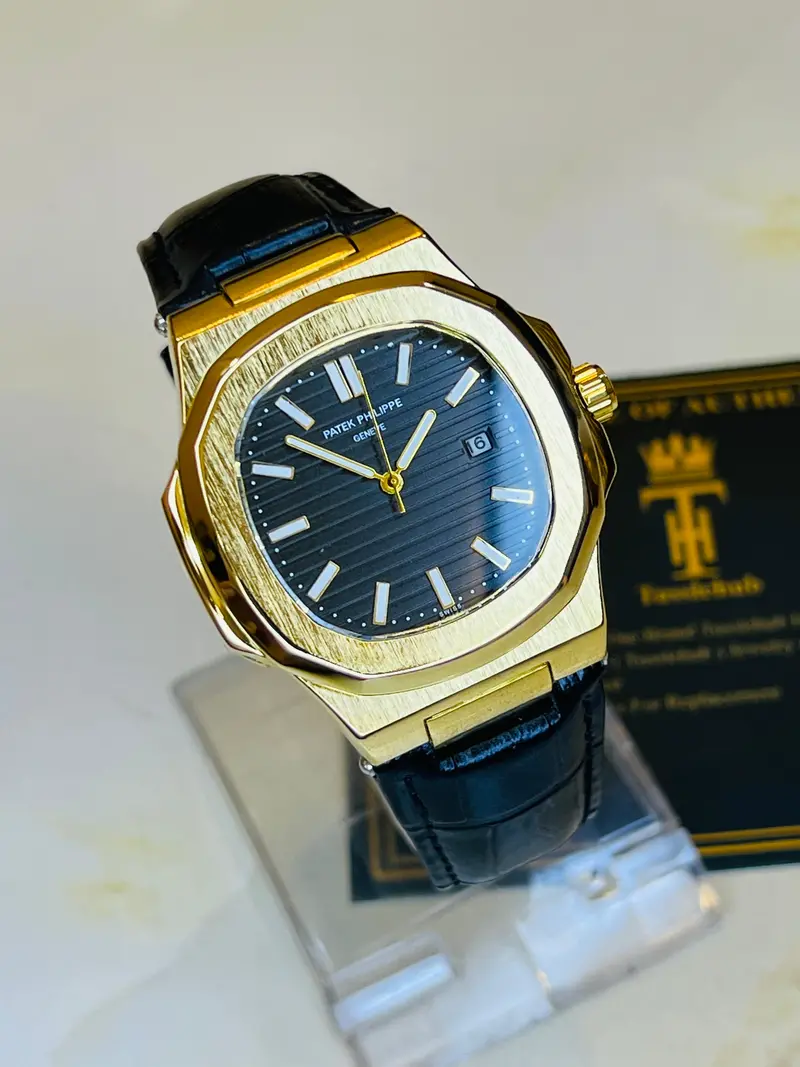 Black Leather Gold Black Dial Nautilus Watch 1